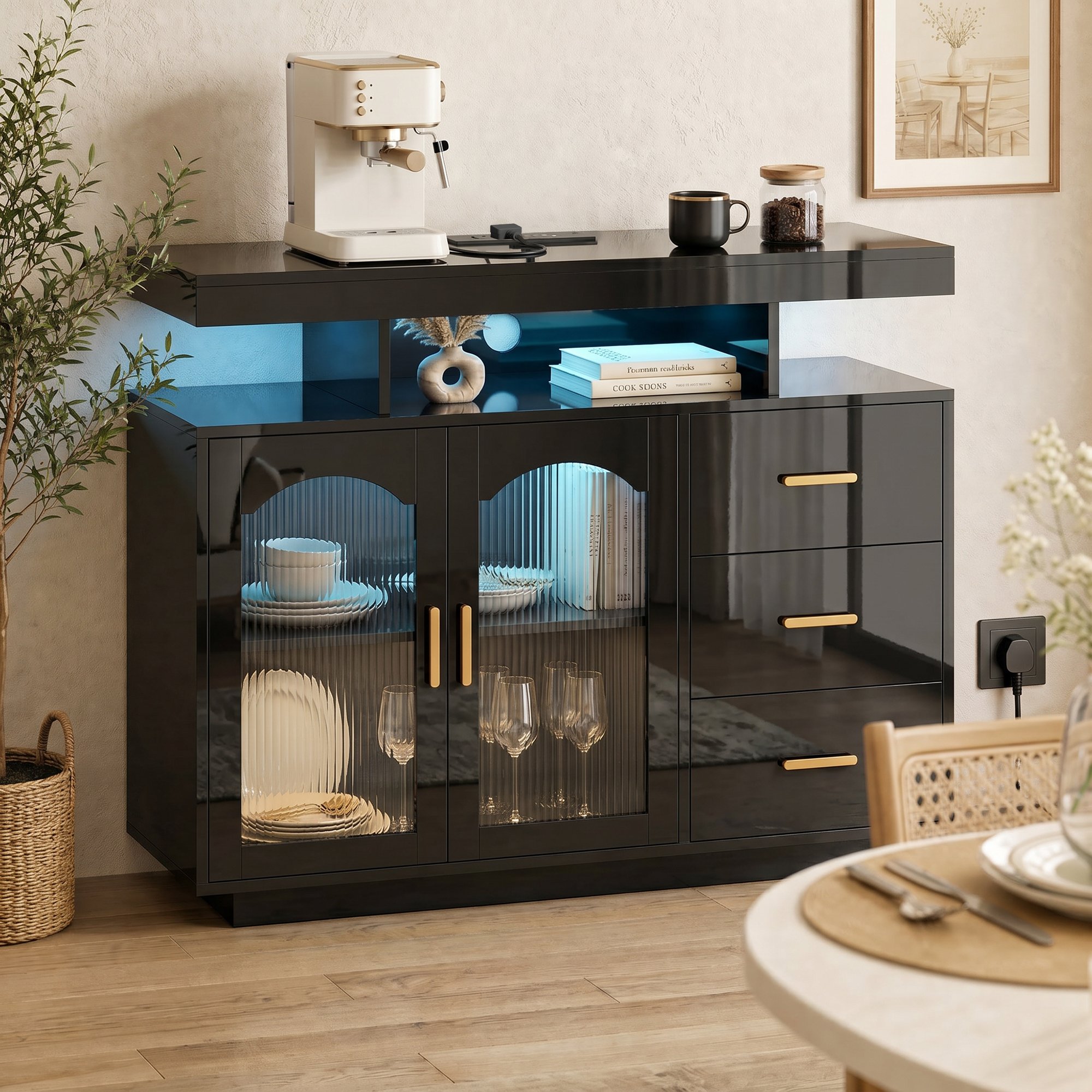 HOMCOM Modern High Gloss LED Sideboard with Built in Power Outlets - Black - Image 5