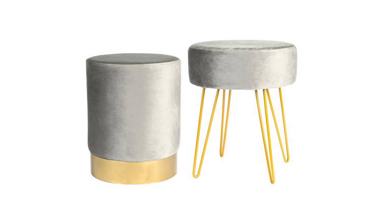 Harbour Housewares 2 Piece Round Velvet Footstools Set - Grey