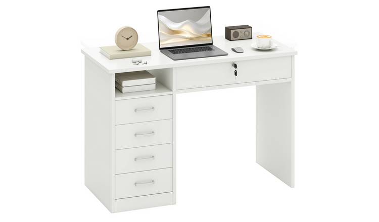HOMCOM Wooden Lockable Computer Desk with 5 Drawers - White