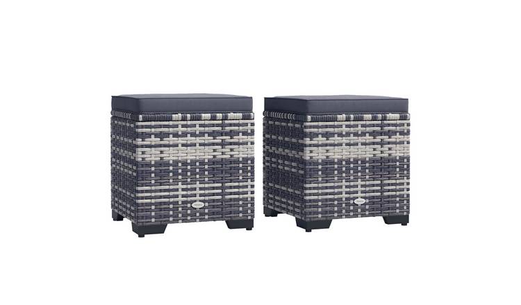 Outsunny Set of 2 Rattan Storage Ottoman with Removable Cushions - Dark Grey