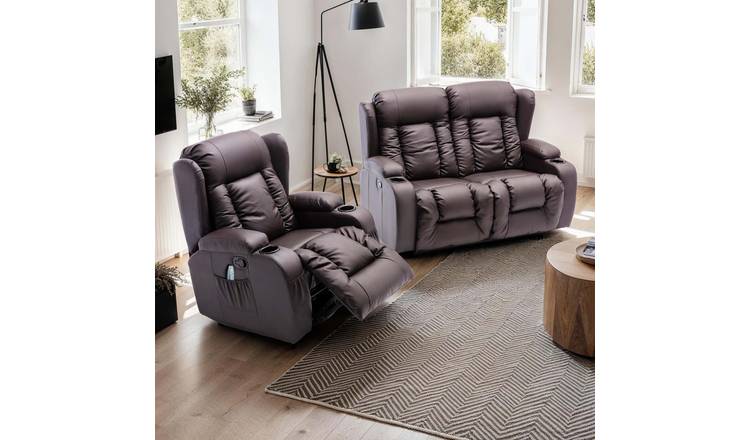 Furniture Online Caesar Manual Recliner Leather 1+2 Seater Sofa Set - Brown