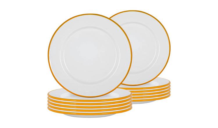 Argon Tableware White Enamel Dinner Plates - Yellow - Pack of 12