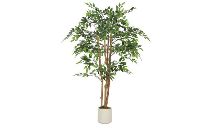 HOMCOM 5FT Artificial Ficus Tree with Solid Wood Trunk- Green