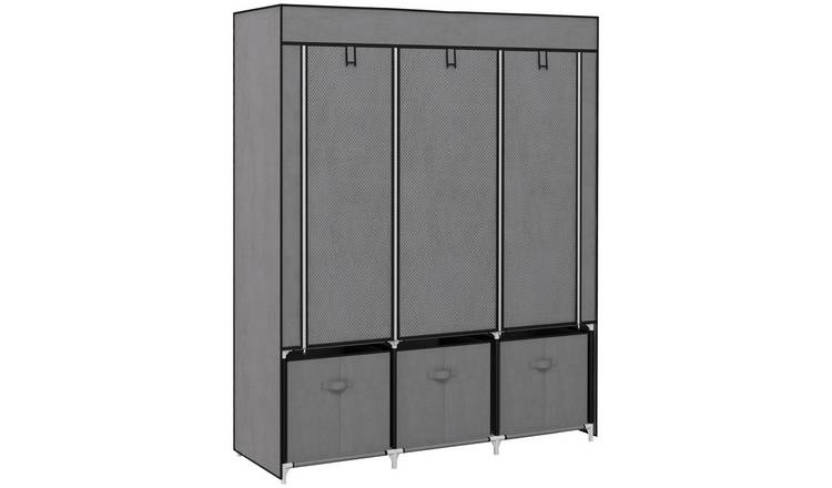 HOMCOM Fabric Wardrobe with 5 Shelves 2 Rails and 3 Drawers - Dark Grey