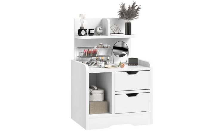 HOMCOM Bedside Table with 2 Drawers and Storage Shelves - High Gloss White