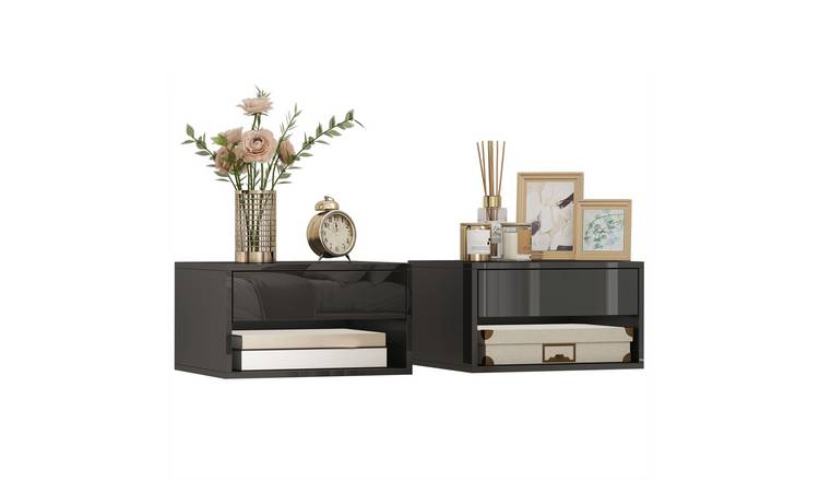 HOMCOM Set of 2 Floating Bedside Table with Drawer and Shelf - High Gloss Black