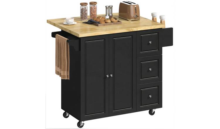 HOMCOM Rolling Kitchen Island with Drop Leaf Rubber Wood Top - Black
