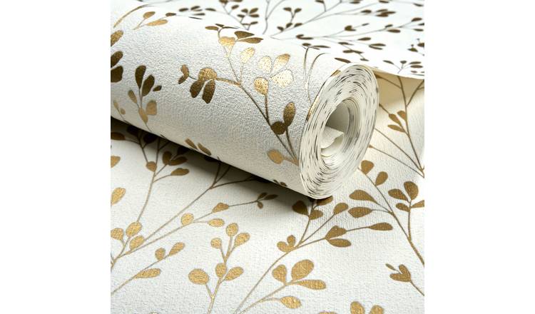 Grandeco Calluna Delicate Metallic Sprig Blown Vinyl Wallpaper - Cream Gold