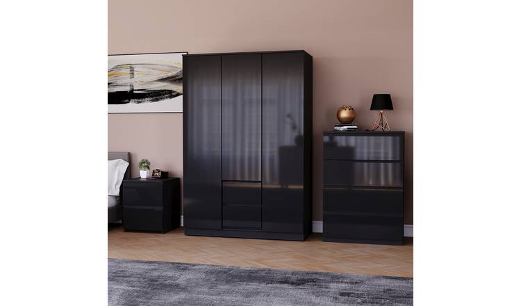 Vida Designs Glinton Bedroom Set (Bedside, 4 Drawer Chest, 3x2 Wardrobe) - Black