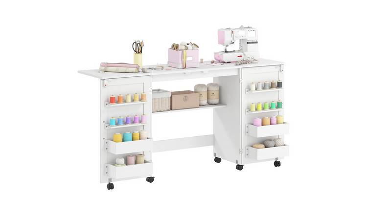 HOMCOM Folding Sewing Table with 2 Magnetic Doors for Small Spaces - White