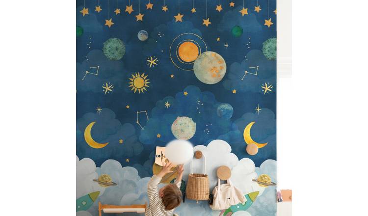 Grandeco Space Rocket 3 Lane Repeatable Wallpaper Nursery Mural   - Blue