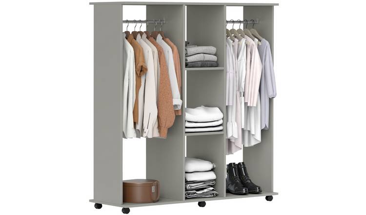 HOMCOM Double Open Wardrobe with Clothes Hanging Rails - Grey