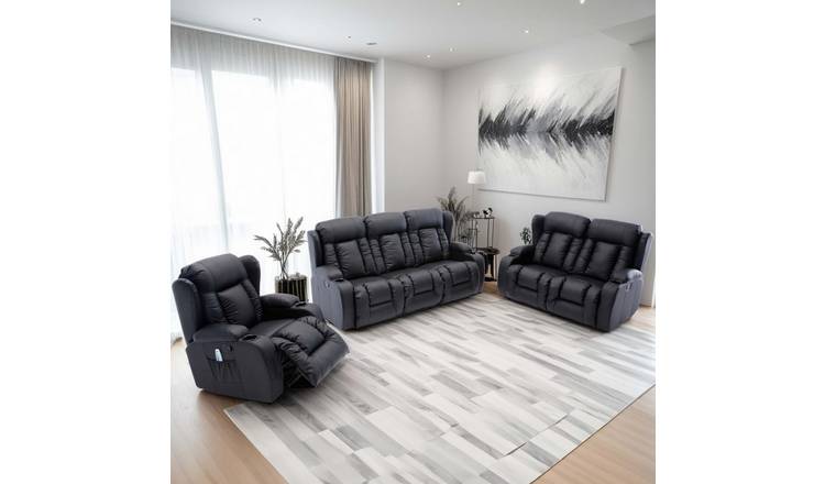 Furniture Online Caesar Manual Recliner Leather 1+2+3 Seater Sofa Set - Black