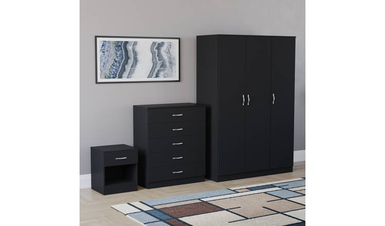 Vida Designs Riano Bedroom Set (Bedside - 5 Drawer Chest - Wardrobe) - Black