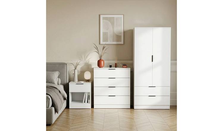 Vida Designs Trega Bedroom Set (Bedside, 4 Drawer Chest, 2x2 Wardrobe) - White