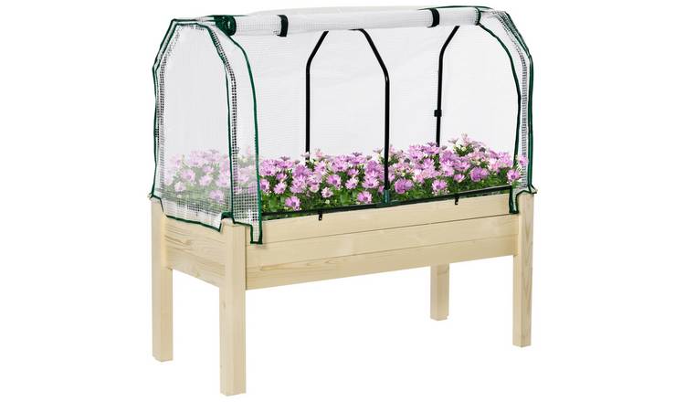 Outsunny Wooden Raised Garden Bed with PE Greenhouse Cover - Natural Wood