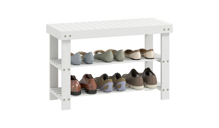 HOMCOM 3 Tier Bamboo Shoe Bench with Slatted Shelves for Entryway - White