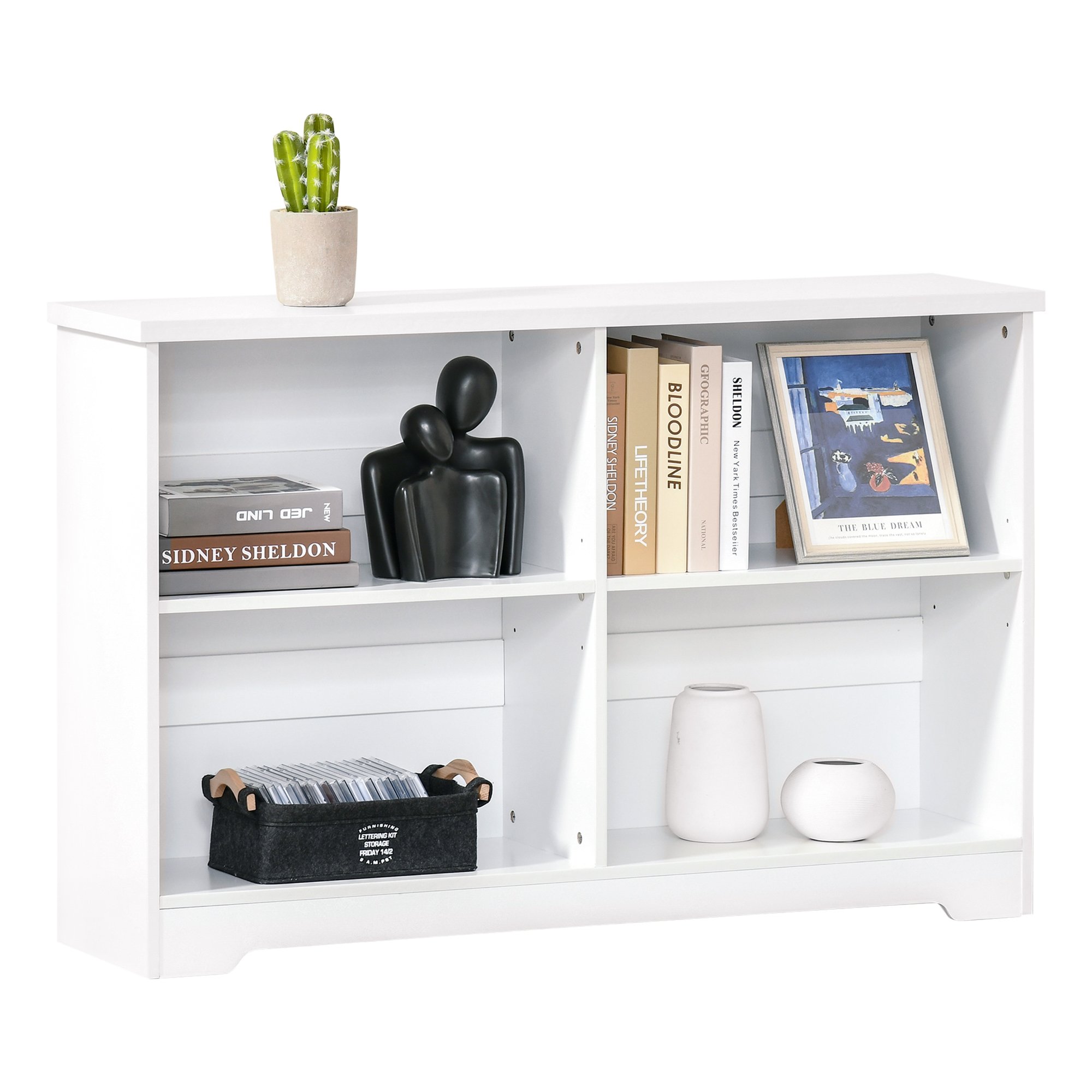 HOMCOM 2 Tier Wooden Freestanding Storage Bookcase with 4 Compartments - White - Image 1