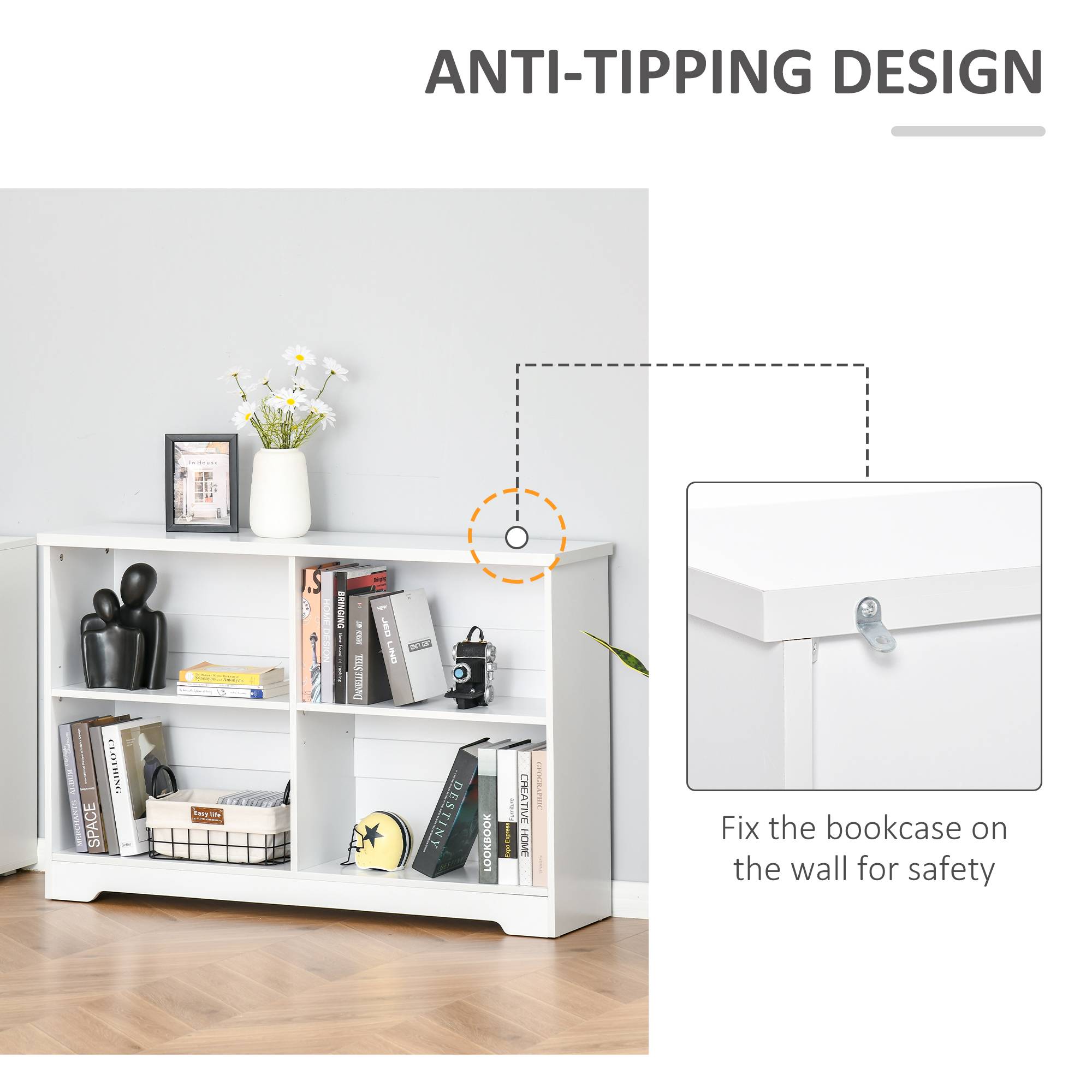 HOMCOM 2 Tier Wooden Freestanding Storage Bookcase with 4 Compartments - White - Image 5