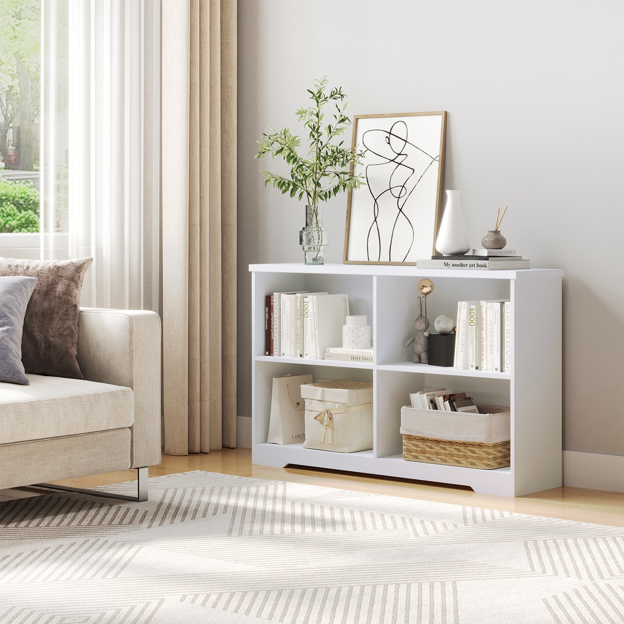 HOMCOM 2 Tier Wooden Freestanding Storage Bookcase with 4 Compartments - White - Image 6