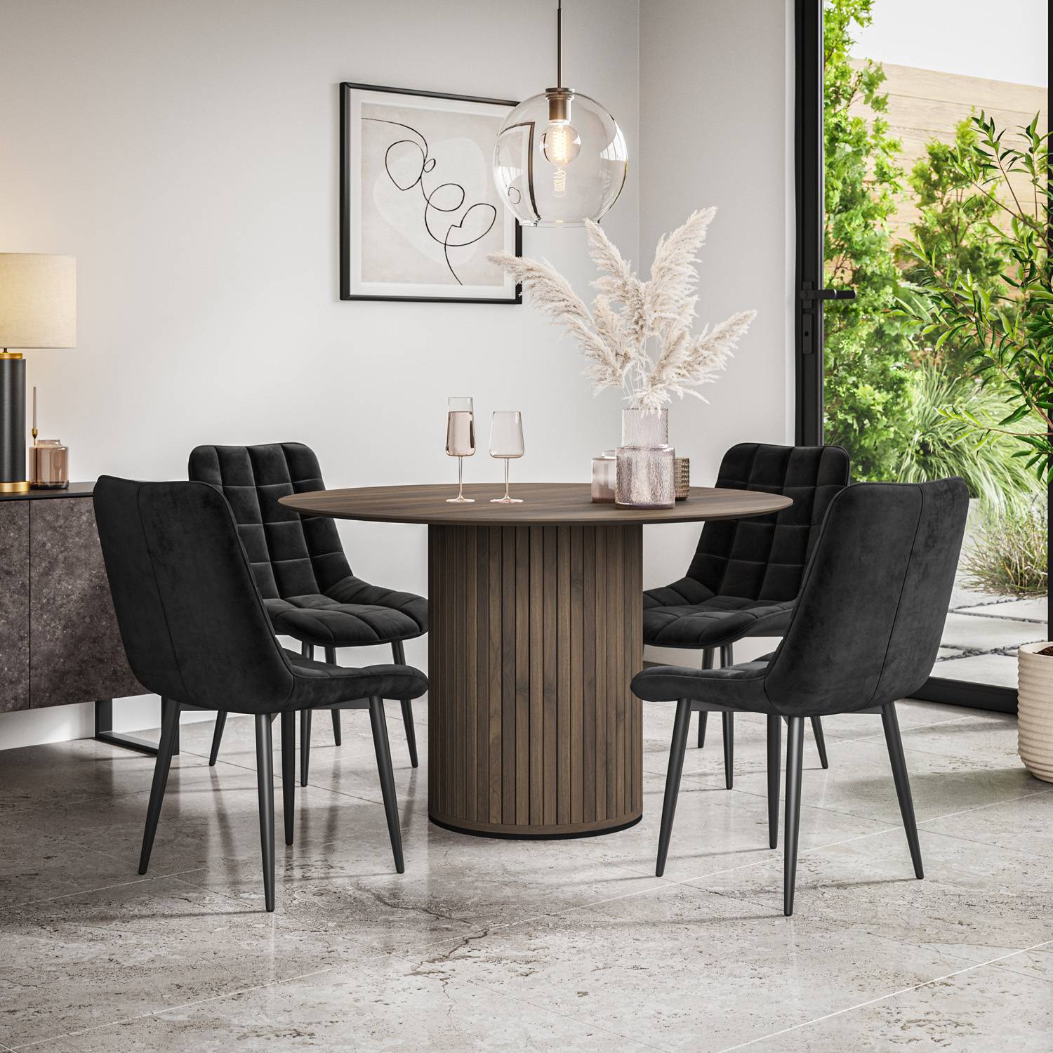 Furniture Online Arlo Nova Walnut Top w Wal Legs Dining Table & 4 Black Chairs - Image 1