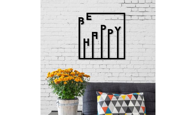 Decortie Metal Wall Art-No.16 Happy Metal Typography Wall Hanging - Black