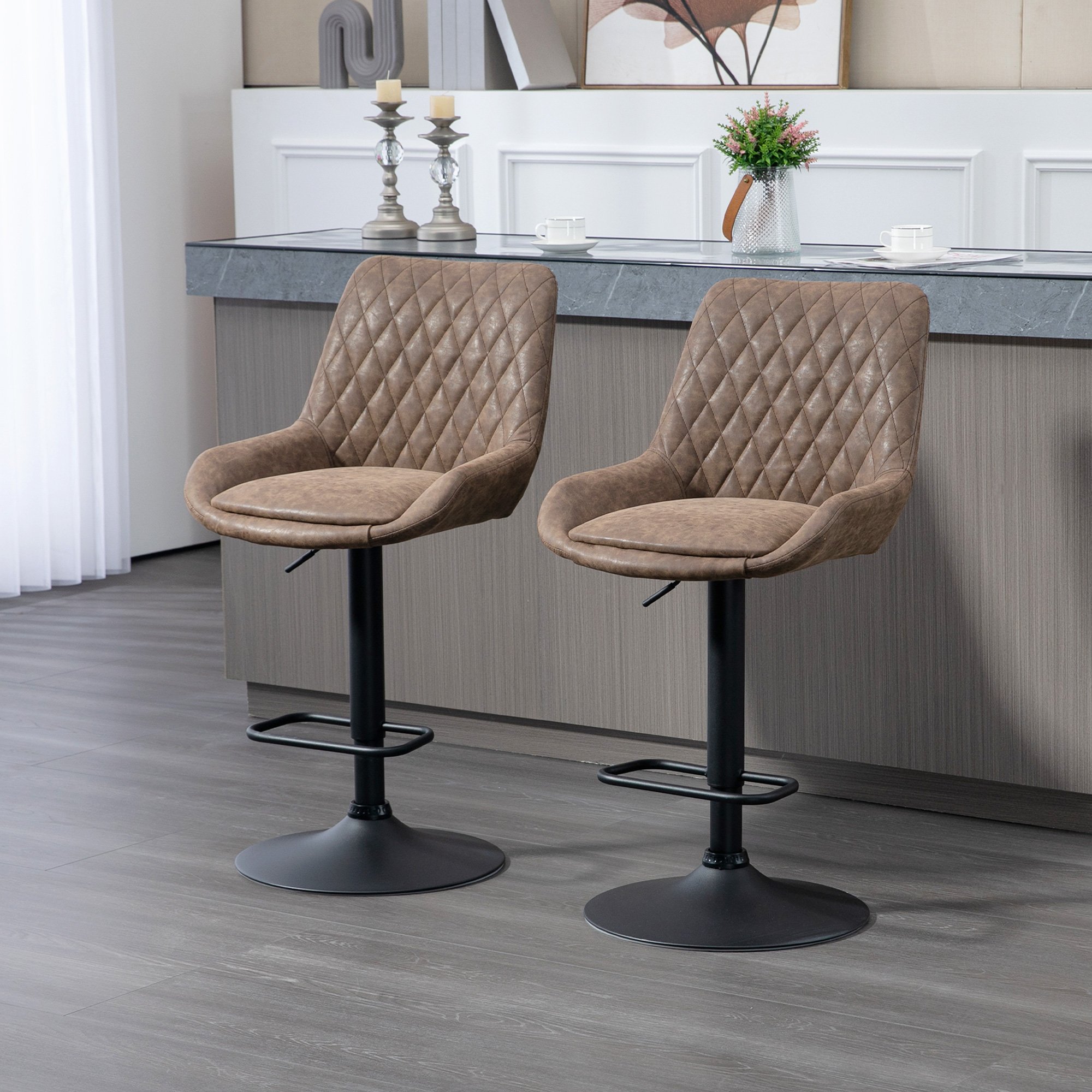 HOMCOM Set of 2 PU Leather Bar Stools with Wide Seat and Base - Coffee - Image 2