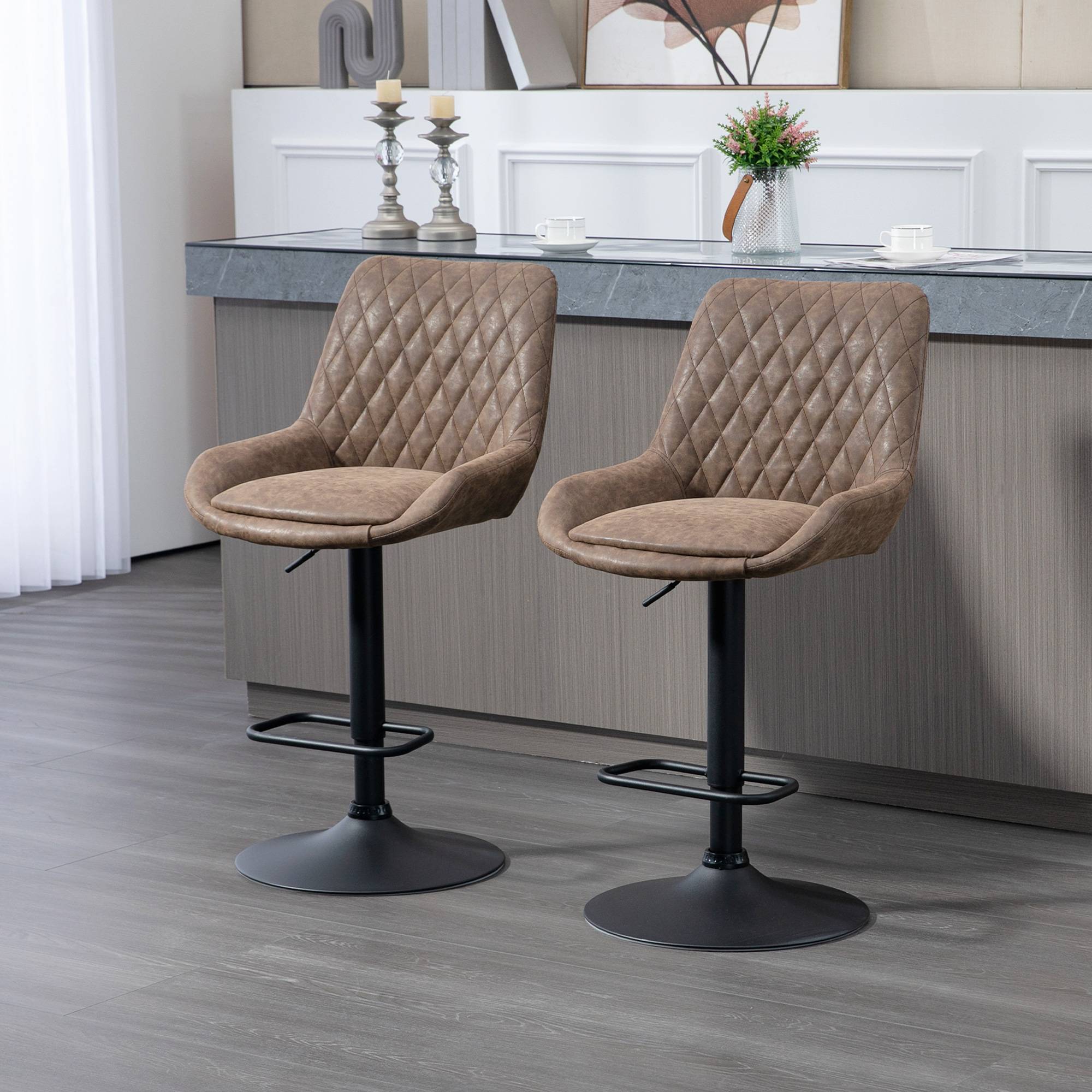 HOMCOM Set of 2 PU Leather Bar Stools with Wide Seat and Base - Coffee - Image 2