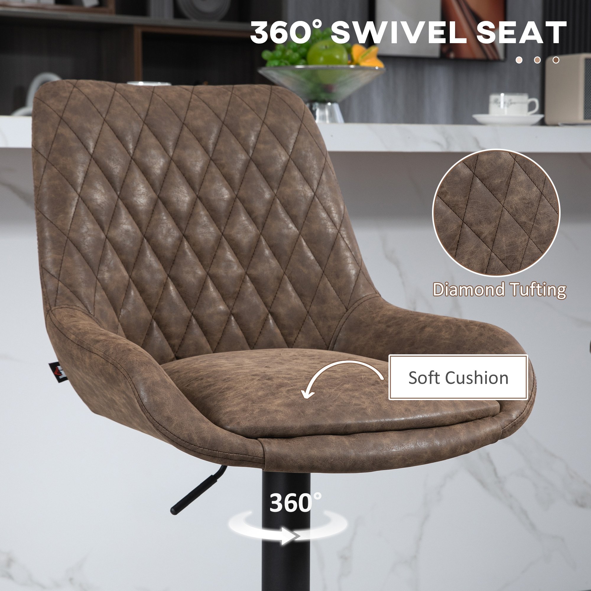 HOMCOM Set of 2 PU Leather Bar Stools with Wide Seat and Base - Coffee - Image 5