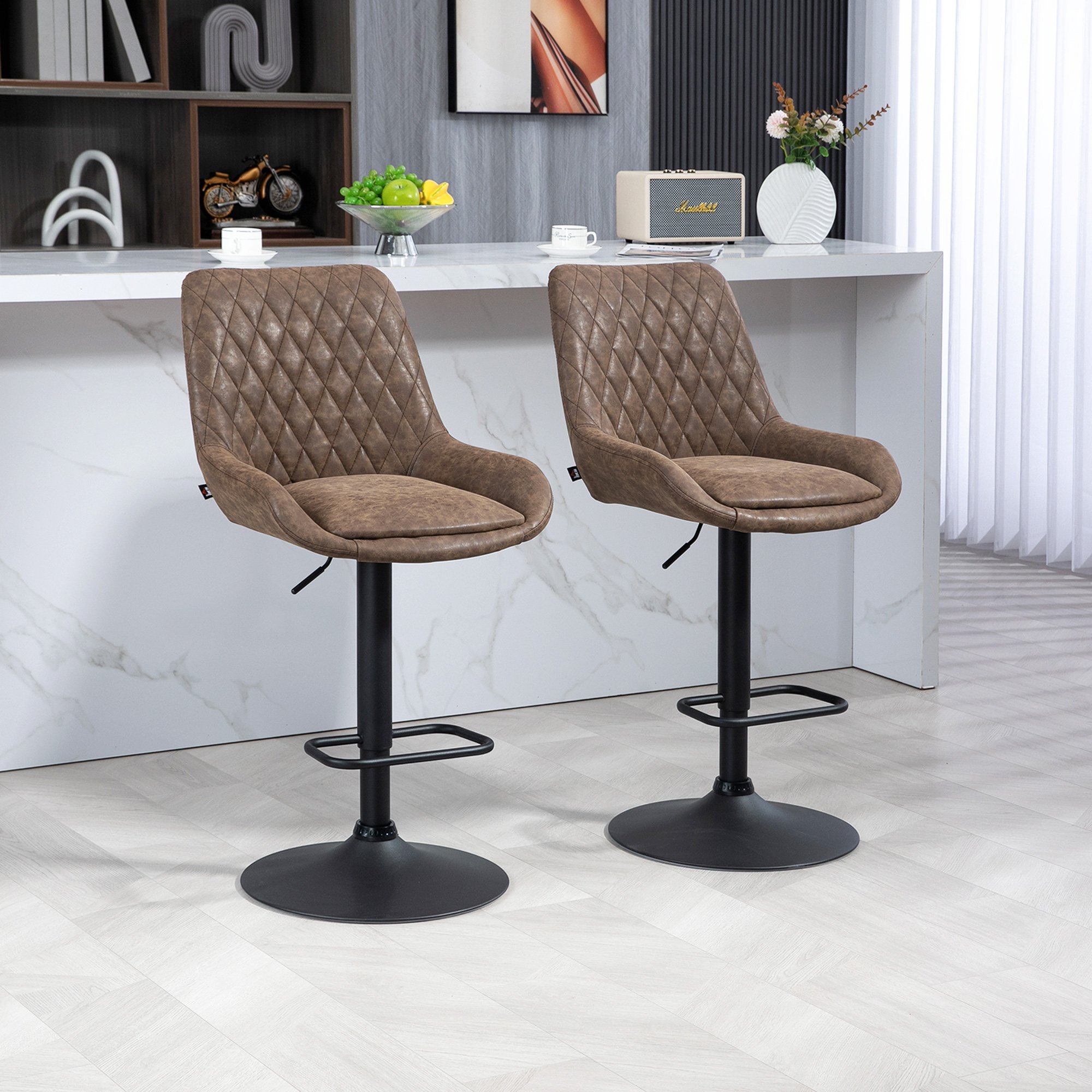 HOMCOM Set of 2 PU Leather Bar Stools with Wide Seat and Base - Coffee - Image 6