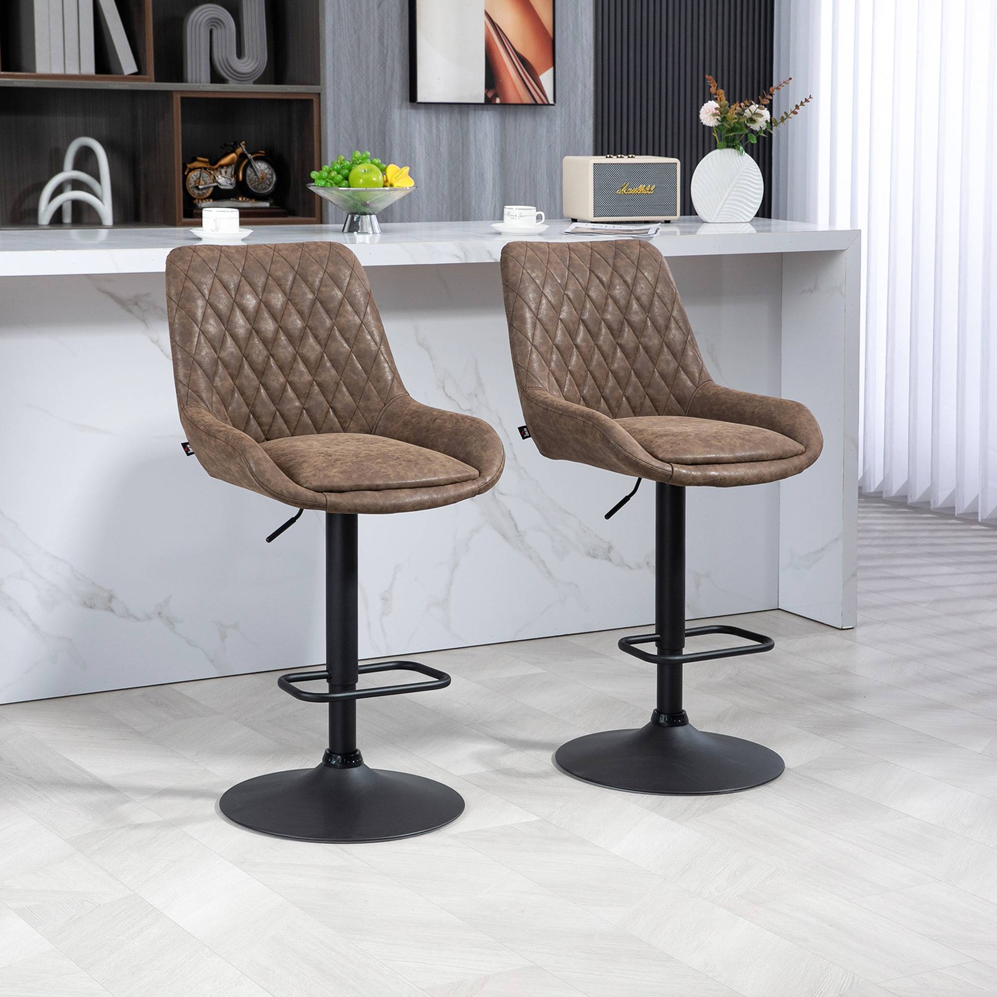 HOMCOM Set of 2 PU Leather Bar Stools with Wide Seat and Base - Coffee - Image 6