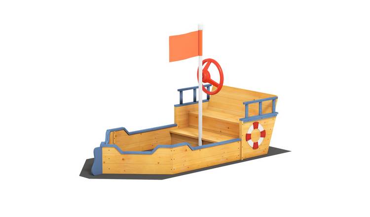 Outsunny Wooden Pirate Ship Sandbox Kids Sand with Bench - Natural Wood