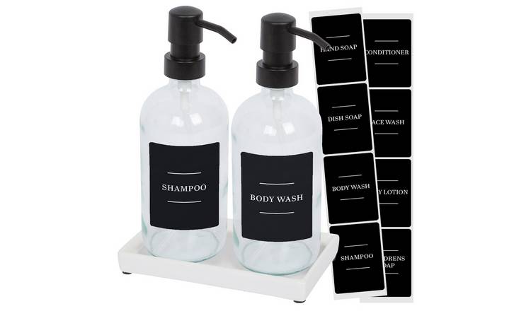 Harbour Housewares 2pc Soap Dispenser Set & Labels  - Clear/Black