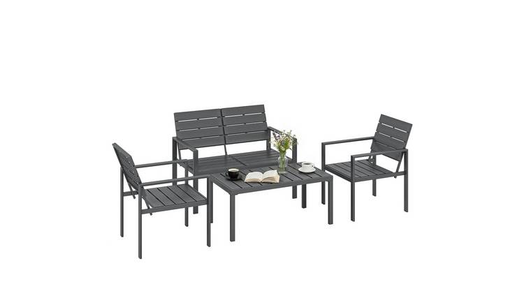 Outsunny 4 Seater Metal Sofa with Hdpe Slatted Loveseat - Dark Grey