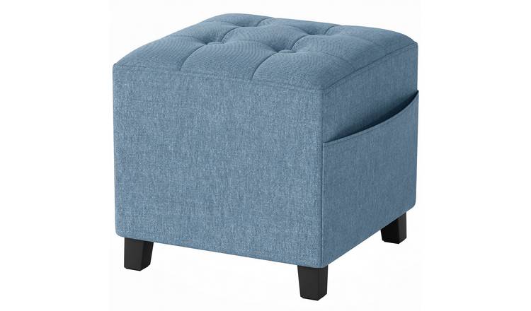 HOMCOM Linen Footstool with Side Pocket - Dark Blue
