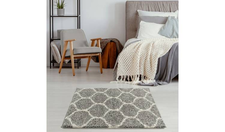 The Rugs Grey Moroccan Shaggy Trellis Square Rug - 120 x 120cm
