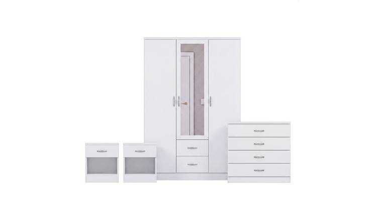 Vida Designs Riano Bedroom Set (Bedsides, 5 Drawer Chest, Mirror Wardrobe)-White