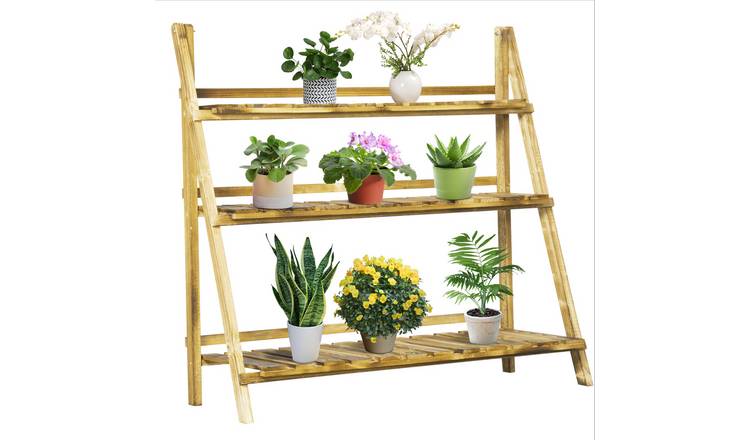 Outsunny 3 Tier Wooden Foldable Garden Planter with Storage Shelves - Brown