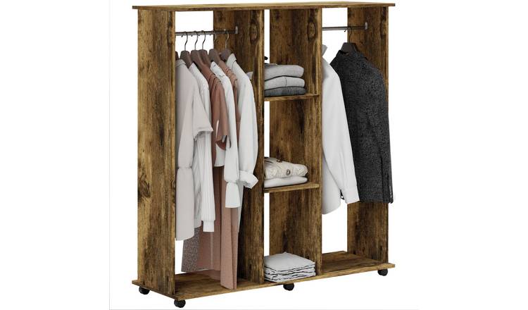 HOMCOM Double Open Wardrobe with Clothes Hanging Rails - Rustic Brown