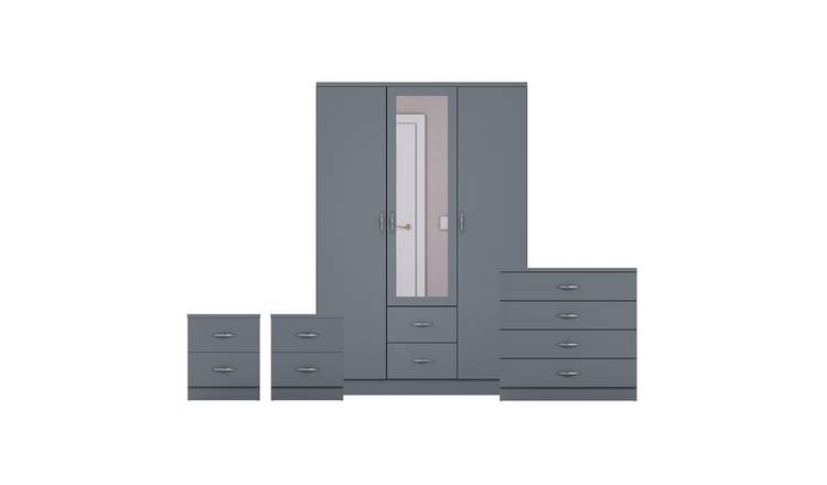 Vida Designs Riano Bedroom Set (Bedsides, 4 Drawer Chest, Mirror Wardrobe) -Grey