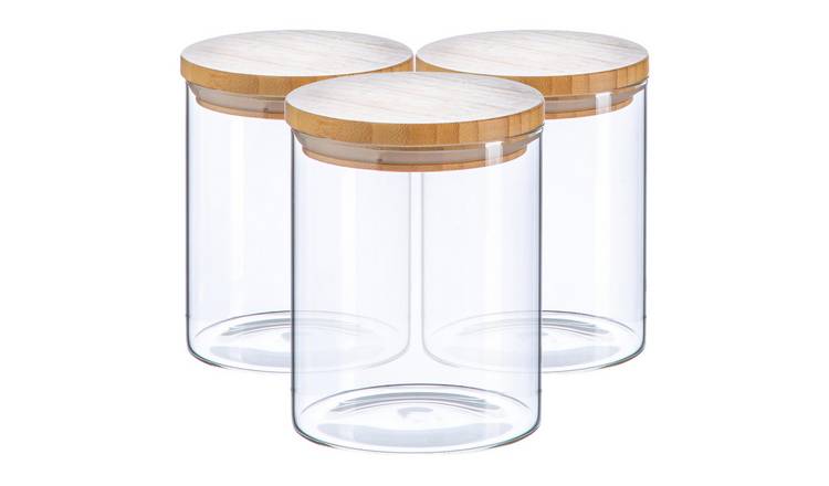 Argon Tableware Scandi Glass Storage Jars with Wooden Lids - Pack of 3