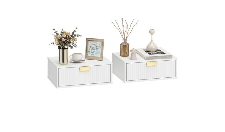 HOMCOM Set of 2 Modern Wall Mounted Bedside Table with Fluted Drawer - White