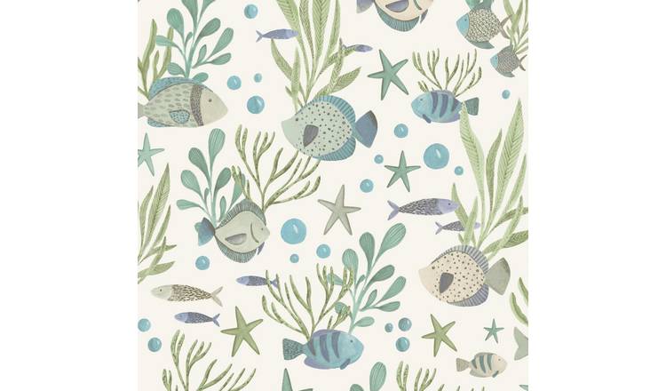 Grandeco Nemo Sealife Fish Nursery Textured Wallpaper - Teal Green