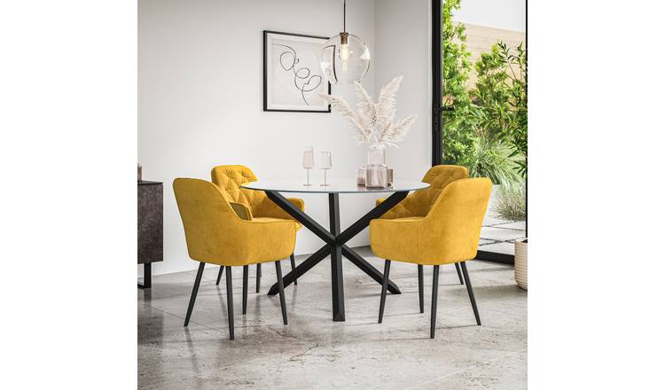 Furniture Online Malvern Anika Glass Top Dining Table & 4 Mustard Chairs