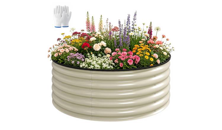 Outsunny Round Metal Raised Garden Bed with Safety Edging - Cream