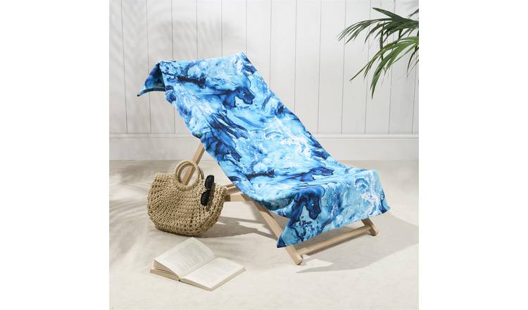 OHS Marble Print Microfibre Beach Towel - Teal Blue