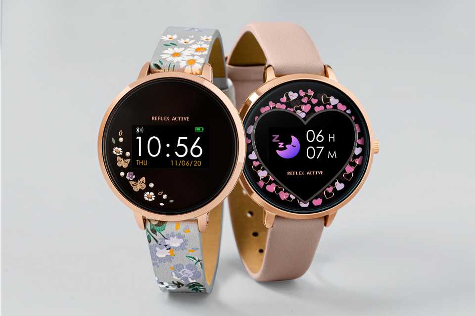 2 Reflex Active Series 3 smart watches with pink straps and colourful screens.