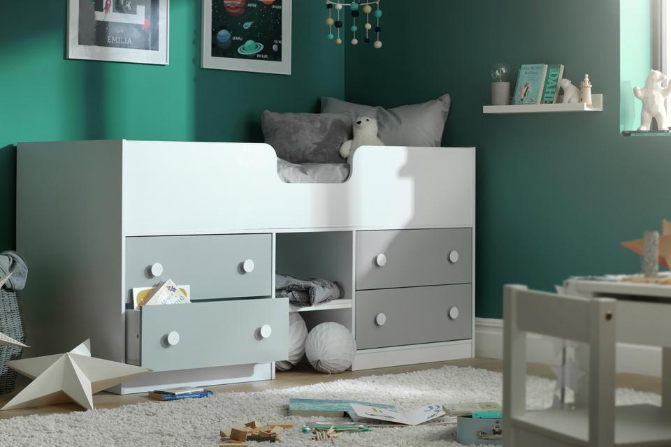 A grey and white Habitat shorty mid sleeper in a green bedroom.