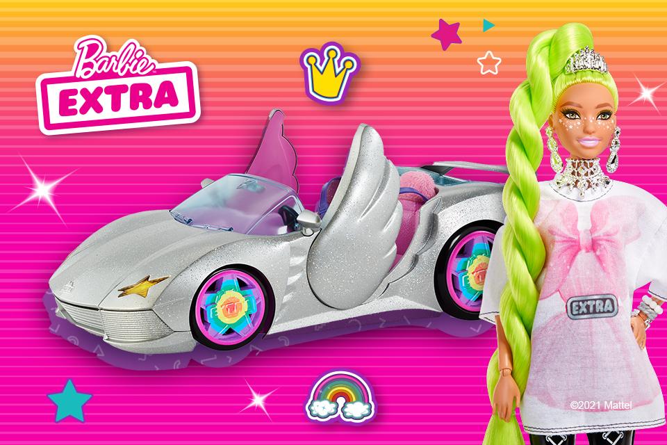 Barbie Extra car and Extra doll with neon hair.