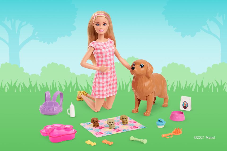 Barbie newborn pups playset with dolls and puppy toys.